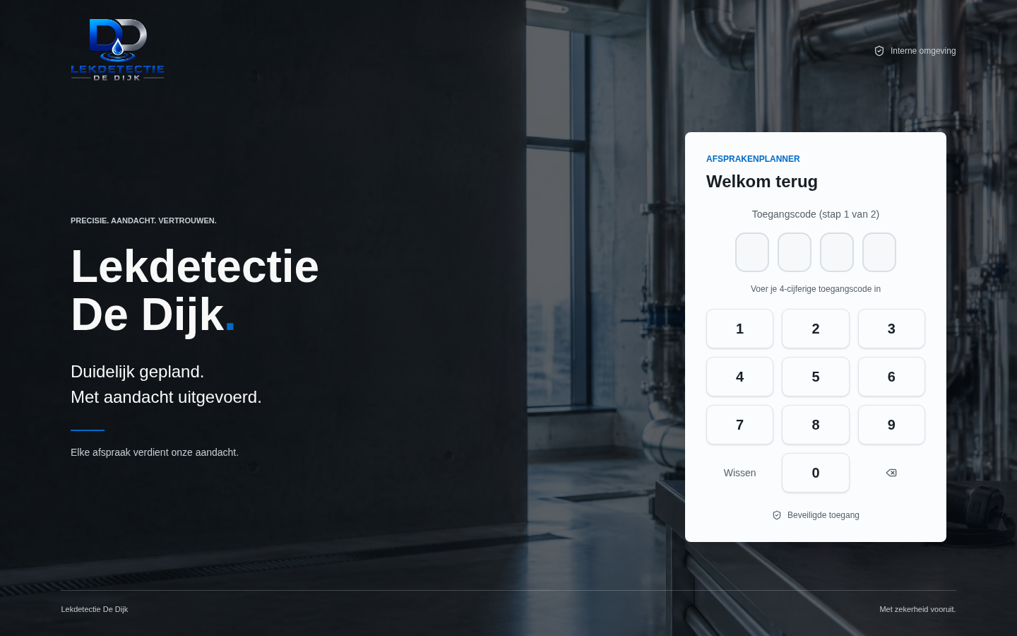 Echte voorpagina van Afsprakencentrale voor Lekdetectie De Dijk, zonder persoonsgegevens